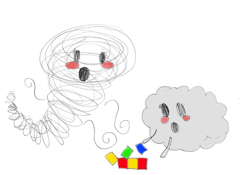 Drawing of a smiling tornado and a smiling cloud with colored blocks